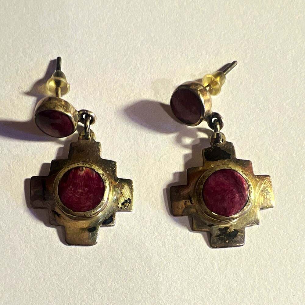 950 Sterling Silver Red Round Stone Cross Dangle Drop Earrings